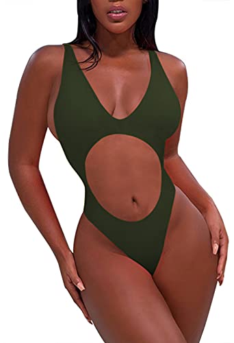 Viottiset Damen Einteiliger Hoher Schnitt Cheeky Tanga Badeanzug Bademode Monokini Brasilianisch Sexy 02Armee Grün Klein von Viottiset