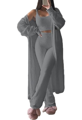 Viottiset Damen Fuzzy 3 Stück Sweatsuit Offene Front Strickjacke Crop Tank Tops Wide Legs Pants Lounge Sets Dunkelgrau L Viottiset Damen Fuzzy 3 Stück Sweatsuit Offene Front Strickjacke Crop Tank Tops Wide Legs Pants Lounge Sets Dunkelgrau L von Viottiset