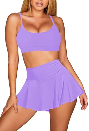 Viottiset Damen Hohe Taille Bikini Set Zwei Stück Badeanzug U-Ausschnitt Spaghetti Straps Swim Rock Strand Lavendel Lila S von Viottiset