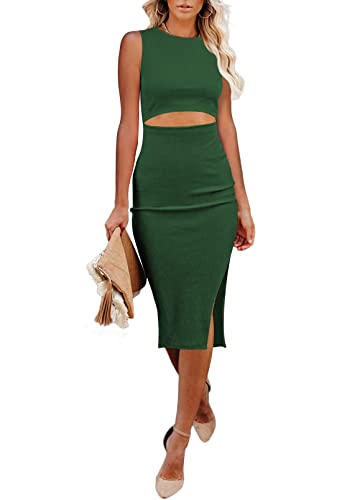 Viottiset Damen Kleid Waist Cut Out Einfarbig Ärmellos Kleider Geschlitzt Party Schlank Gestrickt Elegant Grün XL von Viottiset