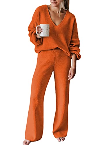 Viottiset Damen Lässiger Lockerer Pyjama Trainingsanzug Sweatshirts 2-Teilige Outfits Übergroßes Lounge-Set Orange M von Viottiset
