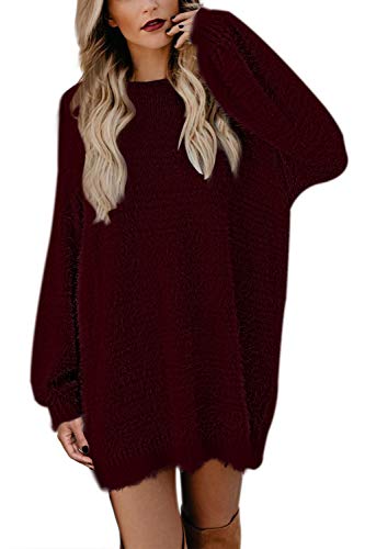 Viottiset Damen Pelziger Rundhalsausschnitt Übergroßer Lockerer Lange Ärmel Pullover Minikleid Gestrickter Rubin L von Viottiset