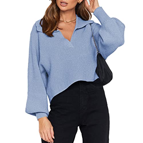 Viottiset Damen Reverskragen V-Ausschnitt Laternenärmel Kurzes Oberteil Gerippter Strick Pullover Locker Hellblau XL von Viottiset