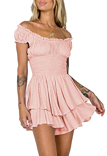 Viottiset Damen Rüschen Shorts Strampler Schulterfrei Swiss Dot Sommer Chiffon A-Linie Party Schicht Jumpsuits Rosa S von Viottiset