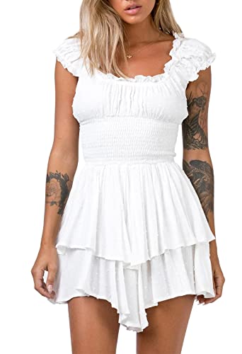 Viottiset Damen Rüschen Shorts Strampler Schulterfrei Swiss Dot Sommer Chiffon A-Linie Party Schicht Jumpsuits Weiß L von Viottiset