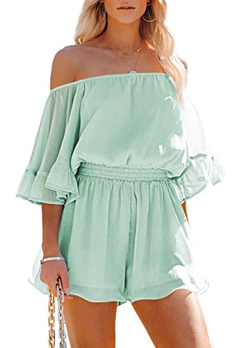 Viottiset Damen Schulterfrei Boho Sommer Strampler Lässig Rüschen Trägerlos Shorts Jumpsuit Spielanzug Süß Grün L von Viottiset