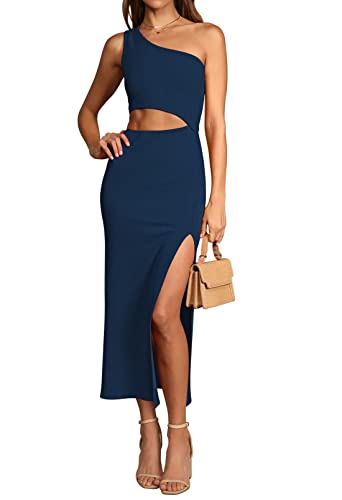 Viottiset Damen Sommer Eine Shoulder Ärmellos Kleider Cut Out Schlitz Freizeit Maxikleid Gerippt Bodycon Dunkelblau S von Viottiset