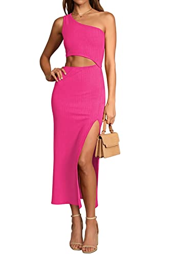 Viottiset Damen Sommer Eine Shoulder Ärmellos Kleider Cut Out Schlitz Freizeit Maxikleid Gerippt Bodycon Rosenrot M von Viottiset