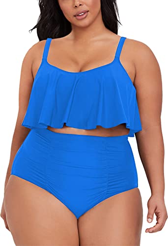 Viottiset Damen Übergröße 2-Teiliges Tankini-Set Bauchkontrolle Rüschen Geraffte Badeanzüge Crop-Top Bikini Azurblau XL von Viottiset