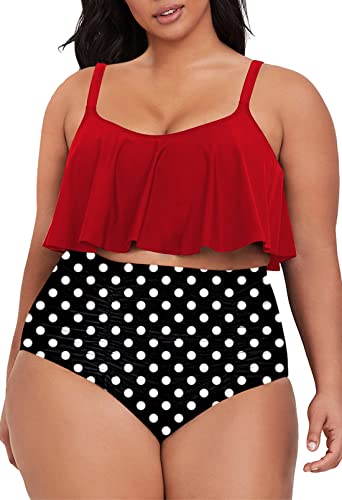 Viottiset Damen Übergröße 2-Teiliges Tankini-Set Bauchkontrolle Rüschen Geraffte Badeanzüge Crop-Top Bikini Hellrot 4XL von Viottiset