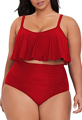 Viottiset Damen Übergröße 2-Teiliges Tankini-Set Bauchkontrolle Rüschen Geraffte Badeanzüge Crop-Top Bikini Rot 4XL von Viottiset