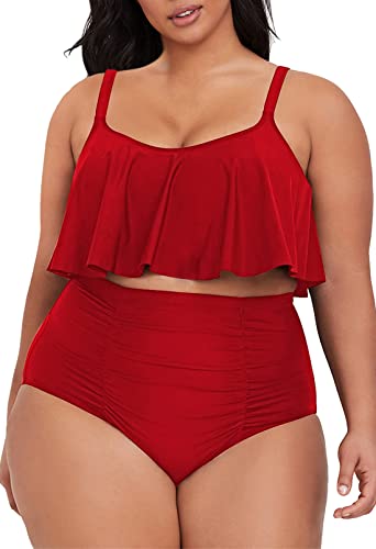 Viottiset Damen Übergröße 2-Teiliges Tankini-Set Bauchkontrolle Rüschen Geraffte Badeanzüge Crop-Top Bikini Rot XL Viottiset Damen Übergröße 2-Teiliges Tankini-Set Bauchkontrolle Rüschen Geraffte Badeanzüge Crop-Top Bikini Rot XL von Viottiset