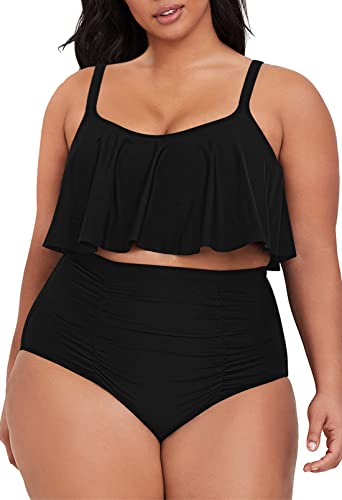 Viottiset Damen Übergröße 2-Teiliges Tankini-Set Bauchkontrolle Rüschen Geraffte Badeanzüge Crop-Top Bikini Schwarz 2XL von Viottiset