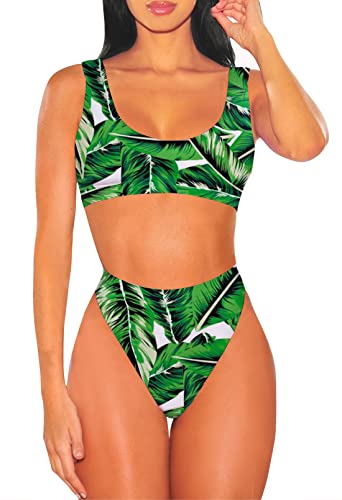 Viottiset Damen Zweiteilige Bikini Set Bademode Crop Top Badeanzug Hohe Taille Strandkleidung Push Up Sommer Grün L von Viottiset