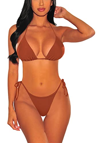 Viottiset Damen Zweiteilige Neckholder Kordelzug Bikini Set Triangel Strand Badeanzug Sexy Bademode Süß Gebranntes Orange Klein von Viottiset