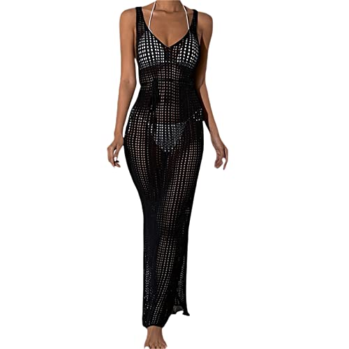 Badeanzug für Damen, lang, gestrickt, elegant, Strandkleid, sexy in Größe, Strandkleid, V-Ausschnitt, tief, Sommer, für Meer, Urlaub, Schwarz , onesize von Vioyavo