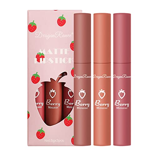 3-teiliges Erdbeer-Matt-Lippenstift-Set, Lippenstift 24 Stunden Halt, Langanhaltender Flüssiger, Wasserfester Lippen Tint, Feuchtigkeitsspendende, Kein Körniges Gefühl Lipstick, Geschenk für Frauen von Vipomkowa