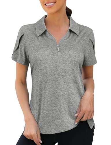 Viracy Damen Golf-Poloshirt, 1/4-Reißverschluss, Überlappung, kurze Ärmel, schnell trocknend, Workout-Tops, GRAU, Mittel von Viracy