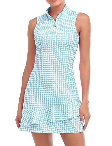 Viracy Tenniskleid für Damen, ärmellos, Golfkleider mit Shorts und Taschen, Rüschen, Reißverschluss, Stehkragen, Golf-Outfits, Blauer Hahnentritt, Mittel von Viracy