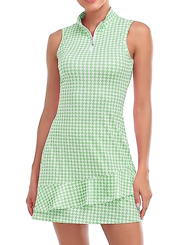 Viracy Tenniskleid für Damen, ärmellos, Golfkleider mit Shorts und Taschen, Rüschen, Reißverschluss, Stehkragen, Golf-Outfits, H-grün Hahnentritt, Mittel von Viracy