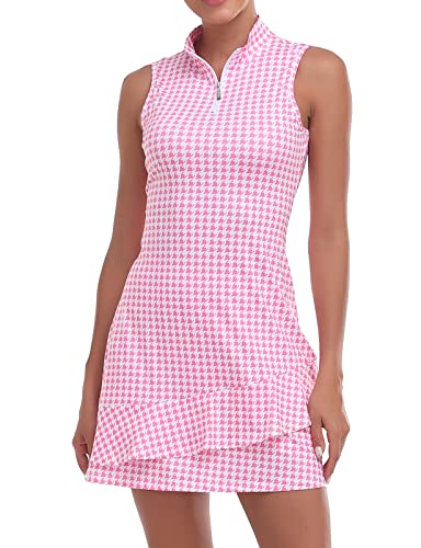 Viracy Tenniskleid für Damen, ärmellos, mit Shorts und Taschen, Rüschen, Reißverschluss, Stehkragen, Golf-Outfits, Hahnentritt, Mittel von Viracy