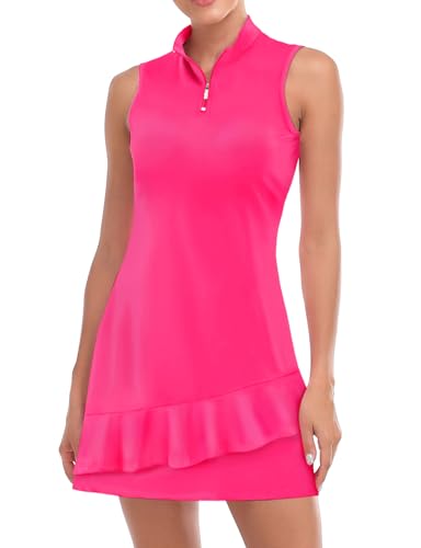 Viracy Tenniskleid für Damen, ärmellos, Golfkleider mit Shorts und Taschen, Rüschen, Reißverschluss, Stehkragen, Golf-Outfits, Rosa - Solid Hot Pink, X-Klein von Viracy