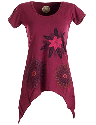 Vishes - Alternative Bekleidung - Asymmetrisch geschnittenes Longshirt, Elfen Tunika mit großen Blumen Bedruckt dunkelrot 44 von Vishes