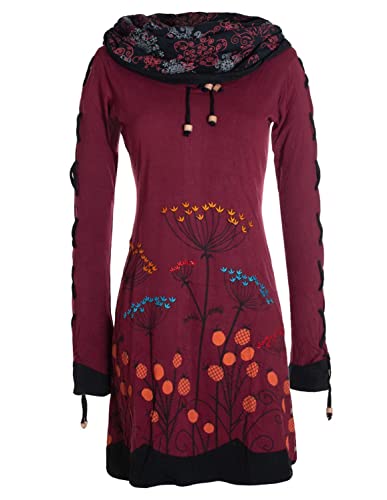 Vishes - Alternative Bekleidung - Damen Blumenkleid Langarm-Shirtkleid Baumwollkleid mit Schnüren dunkelrot 34 von Vishes