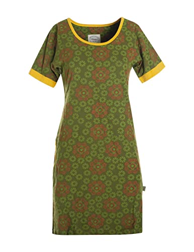Vishes - Alternative Bekleidung - Kurzarm Damen Hippie T-Shirt Kleid Blumen Tunika Jerseykleid Baumwolle Olive 36-38 von Vishes