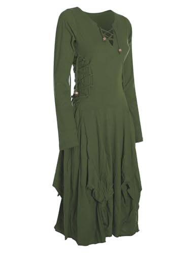 Vishes - Alternative Bekleidung- Langes Langarm Damen Kleid Ballonkleid Bio-Baumwolle Einfarbig mit Schnürung V-Ausschnitt Olive 38-40 von Vishes