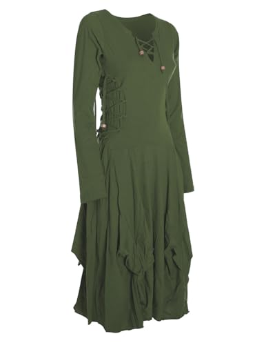 Vishes - Alternative Bekleidung- Langes Langarm Damen Kleid Ballonkleid Bio-Baumwolle Einfarbig mit Schnürung V-Ausschnitt Olive 44 Vishes - Alternative Bekleidung- Langes Langarm Damen Kleid Ballonkleid Bio-Baumwolle Einfarbig mit Schnürung V-Ausschnitt Olive 44 von Vishes