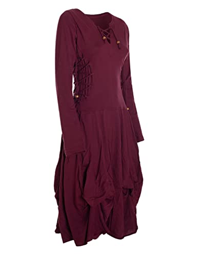 Vishes - Alternative Bekleidung- Langes Langarm Damen Kleid Ballonkleid Bio-Baumwolle Einfarbig mit Schnürung V-Ausschnitt dunkelrot 44-46 von Vishes