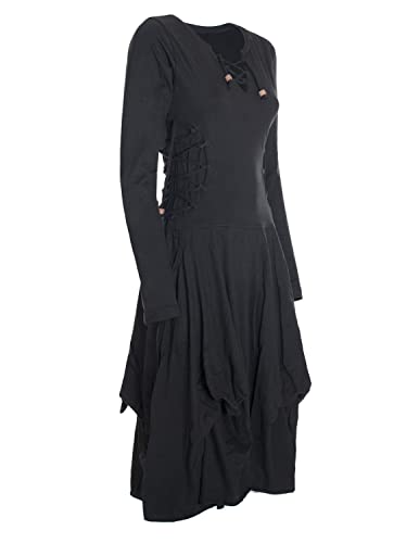 Vishes - Alternative Bekleidung- Langes Langarm Damen Kleid Ballonkleid Bio-Baumwolle Einfarbig mit Schnürung V-Ausschnitt schwarz 34 von Vishes