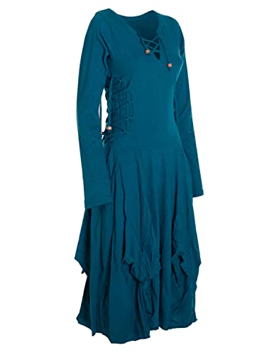 Vishes - Alternative Bekleidung- Langes Langarm Damen Kleid Ballonkleid Bio-Baumwolle Einfarbig mit Schnürung V-Ausschnitt türkis 38-40 von Vishes