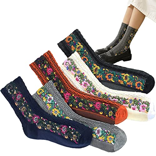 Damen-Streifensocken, Vintage-Socken mit bestickten Blumen, 5 Paare/Set, Winter-Thermosocken, warme Winter-Crew-Socken, Vintage-Baumwollsocken, gefütterte dicke Socken von Visiblurry