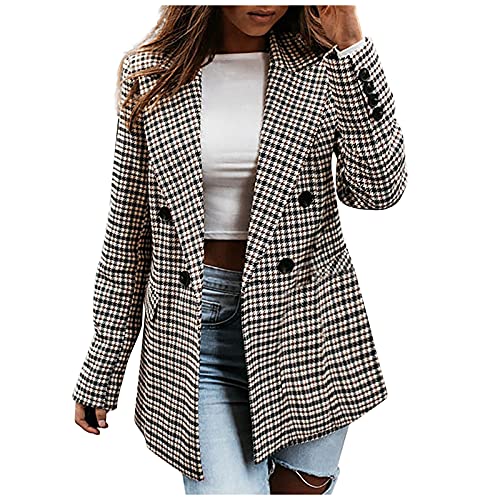 Visky Anzugjacken Damen Mode Arbeit Casual Plaid Blazer - Damen Hahnentritt Langarm Mantel Slim Open Front Cardigan Outwear, Khaki, XXL von Visky