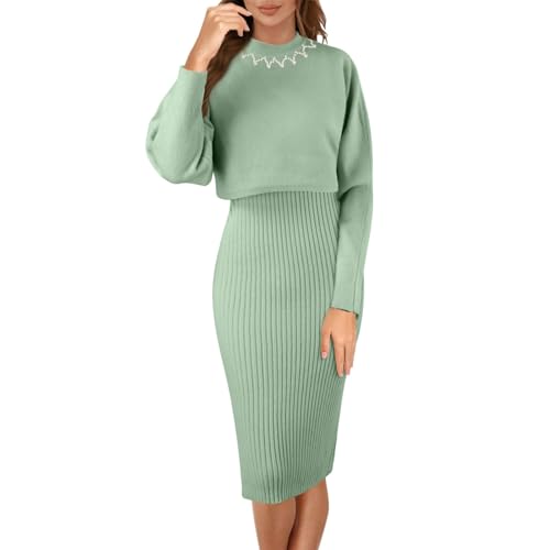 Viunychn Pulloverkleid Damen Winter Elegant Herbst Strickkleid Winterkleid Herbstkleid 2 Teiler Moderne Strick Langarm Strickkleider Bodycon Zwei Zopfmuster Warme Frauen Knitted Skims Dress @2 von Viunychn