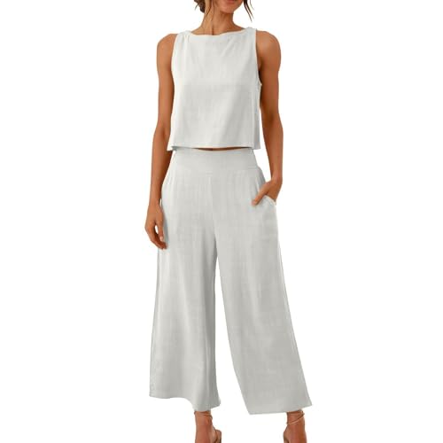 Viunychn Zwei Teiler Set Damen Sommer Ärmelloses Weites Bein Jogginganzug Freizeitanzug Elegant Atmungsaktive Tank Top Und Hose Crop 2-Teilige Mit Taschen Tshirt Und Hose Tracksuit von Viunychn