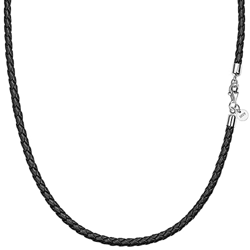 Viwind Echt leder Halskette 2.5mm/3mm breit geflochten Lederkette Lederband 45-60cm wählbar 925 Sterling Silber Vers chluss Damen Herren für DIY Anhänger Schmuck mit Geschenkbox (Schwarz , 60.00) von Viwind