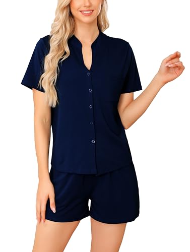 Damen Pyjama Schlafanzug Kurz Baumwolle Sommer Nachtwäsche V Aussschnitt mit Knöpfe und Taschen（L,Marine Blau） von Vlazom