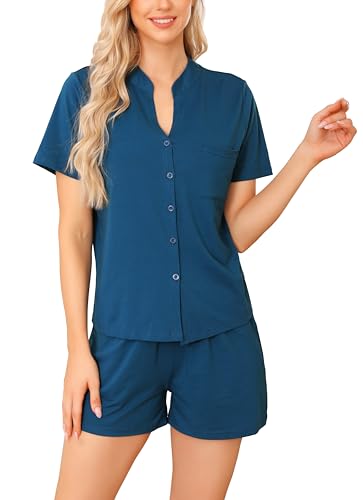 Damen Pyjama Schlafanzug Kurz Baumwolle Sommer Nachtwäsche V Aussschnitt mit Knöpfe und Taschen（M,Kobalt Blau） von Vlazom