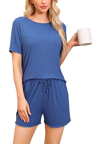 Damen Schlafanzug Kurz Nachtwäsche Unifarbenes Pyjama-Set mit Rundhalsausschnitt mit Rüschensaum Sommer（S,Marine Blau） von Vlazom