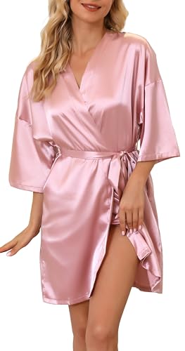 Vlazom Damen Bademantel Satin Kurz Kimono Robe V-Ausschnitt 3/4 Ärmeln Sexy für Frauen Nachtwäsche mit Gürtel und Taschen(L,Stil C-Rosa) von Vlazom