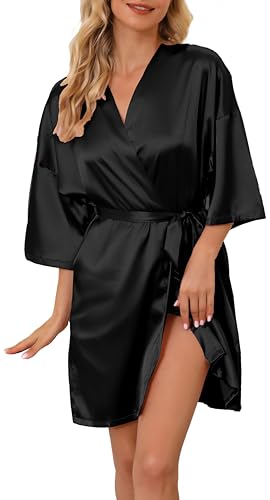 Vlazom Damen Bademantel Satin Kurz Kimono Robe V-Ausschnitt 3/4 Ärmeln Sexy für Frauen Nachtwäsche mit Gürtel und Taschen(M,Stil C-Schwarz) von Vlazom