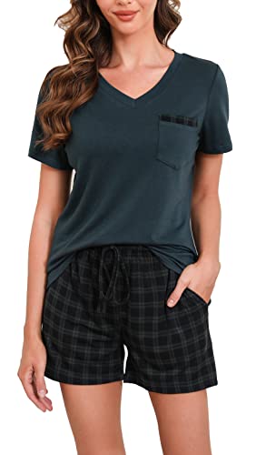 Vlazom Damen Kariert Schlafanzug kurz Zweiteiliges Pyjama Set Sommer Schlafanzug V-Ausschnitt Kurzarm Pyjama Set（XL,Stil E-Dunkelgrün） von Vlazom