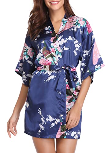 Vlazom Kimono Satin Robe Morgenmantel Kurz V-Ausschnitt Bademantel mit Gürtel Kimono Robe für Damen(S,Blau) von Vlazom