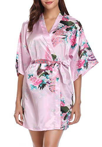 Vlazom Kimono Satin Robe Morgenmantel Kurz V-Ausschnitt Bademantel mit Gürtel Kimono Robe für Damen(S,Pink) von Vlazom