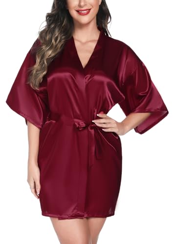 Vlazom Kimono Robe Damen Morgenmantel Kurzer Satin Bademantel Mit Gürtel V-Ausschnitt Kimono(L,Fuchsie) von Vlazom