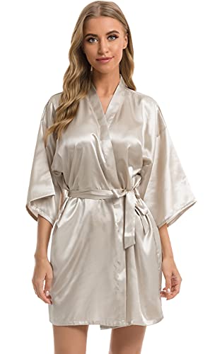 Vlazom Kimono Robe Damen Morgenmantel Kurzer Satin Bademantel Mit Gürtel V-Ausschnitt Kimono(L,Silberner Champagner) von Vlazom