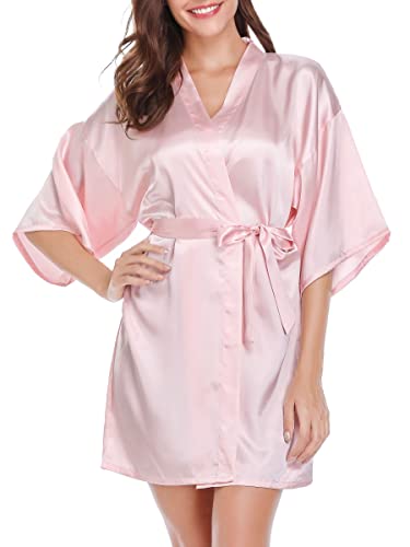 Vlazom Kimono Robe Damen Morgenmantel Kurzer Satin Bademantel Mit Gürtel V-Ausschnitt Kimono(L,Hellrosa) von Vlazom